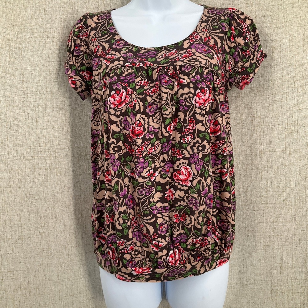 Free People Floral Blouse Womens XS Boho Bubble Hem Puff Sleeve Top Botanical
